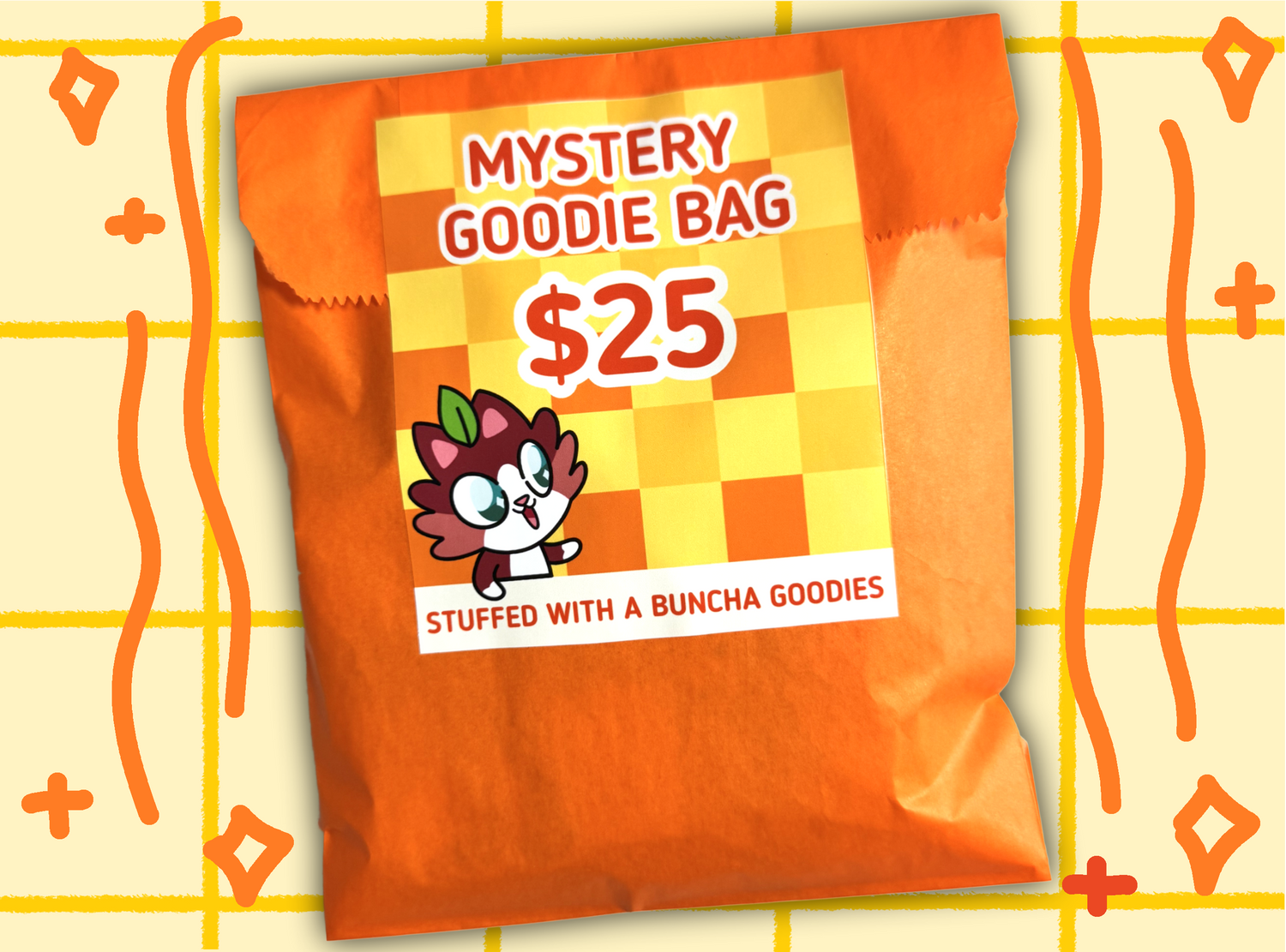 Orange mystery goodie bag with cartoon character and text on a yellow grid background